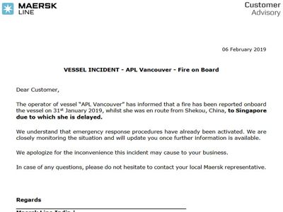 Trade Notice Received From MAERSK LINE - VESSEL INCIDENT - APL Vancouver - Fire on Board